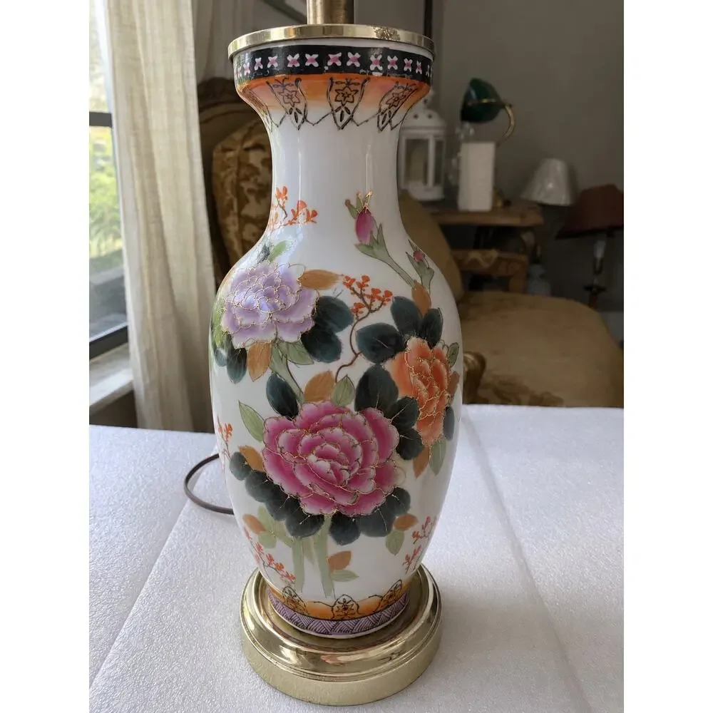 vintage hand-painted porcelain vase table lamp colorful floral brass metal base